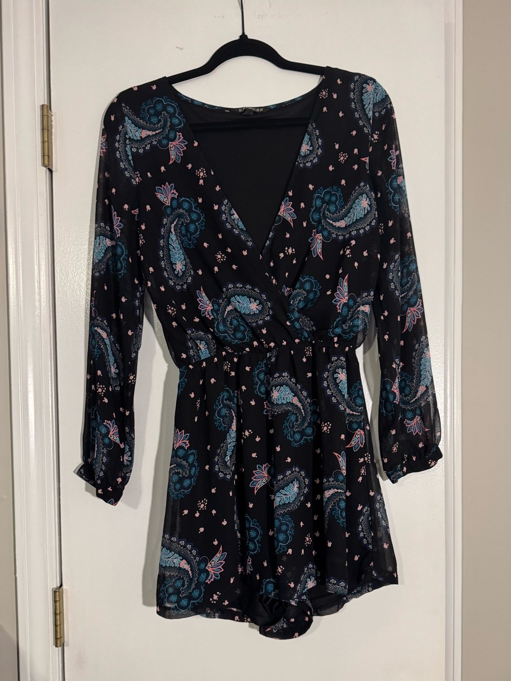 Express Black Paisley Surplice Romper Accents sumner party Y2K whimsical boho